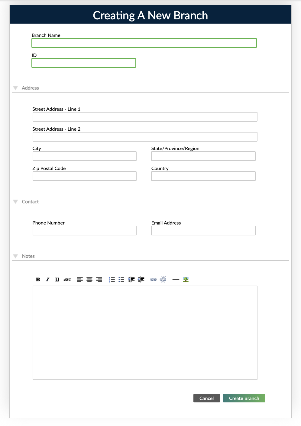 Creating a new branch dialog with all form fields